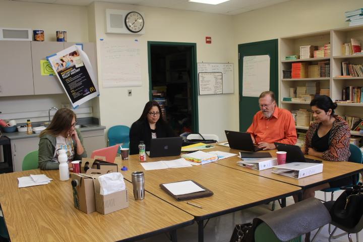 Amber Dodd, Patricia Cardona, Paul Quiggle, and Ana Gutierrez work diligently on preparing Alisal’s WASC report. 

