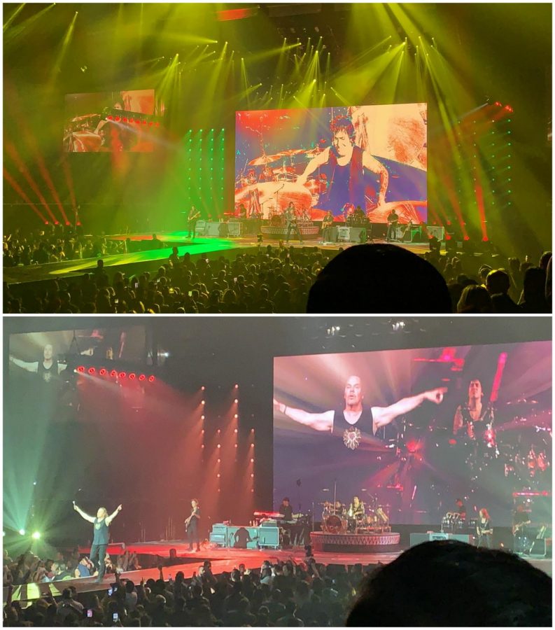 Top photo: Maná welcoming their audience with bright neon red, yellow, and green lights.

Bottom photo: Maná ending the night with a performance of their song “Rayando el Sol”