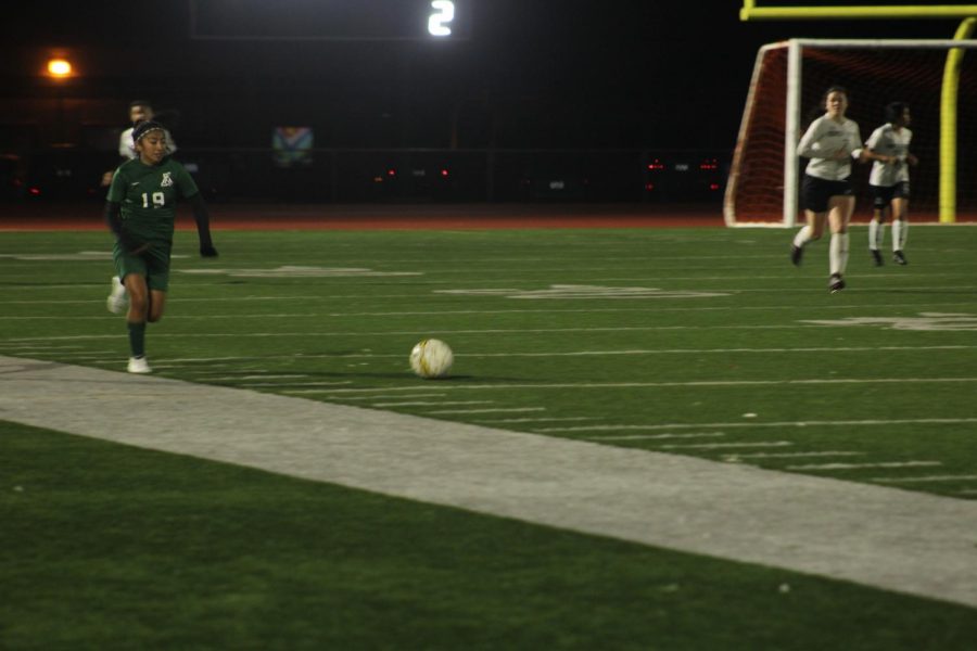 Andrea Cornelio pushes the ball up the sideline against Monterey High School in a 6-0 victory  in December.