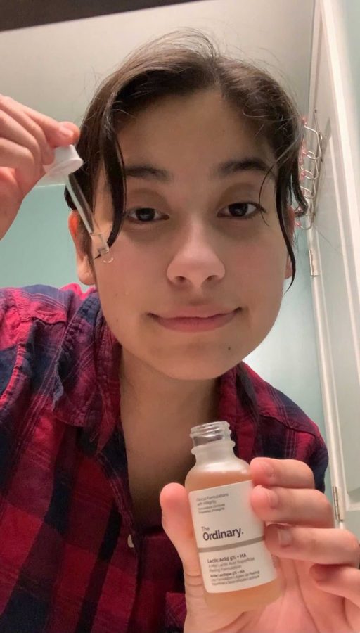Senior Jennifer Santiago, shows her Lactic acid serum she discovered best fit her skin thanks to Youtuber Hyram’s skin care tips. She learned about what important skin care steps she needed to include in her routine and has noticed a big difference in her skin. She said, “Whenever I consistently do my skincare routine, I do see so much improvement, my skin is nearly clear and soft, I barely breakout.” 