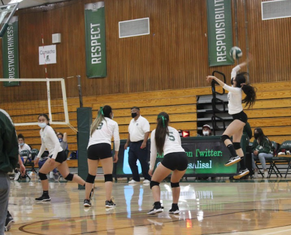 Senior Ary Valle Portela rises for a spike against King City in a 3-0 preseason victory. She said it was very exciting winning the preseason games and that they are aiming to make it to the playoffs.