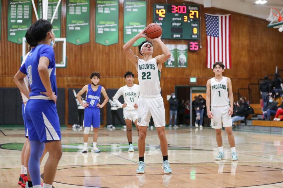 Senior Anthony Reyes shoots a free throw in the 60-37 win over King City In the second round of the Jose Solis/Vantory Miles Invitational on December 3, 2021.
