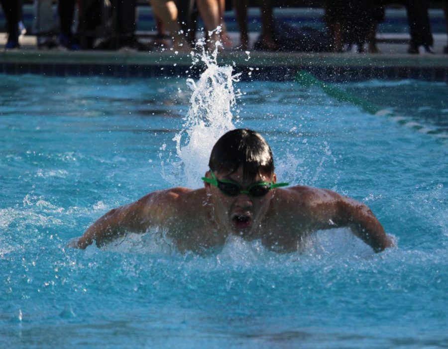 Senior Sebastian Perez (shown during an April meet versus North High) had a successful final season, breaking four school records. He was most proud of his time of 1:07.7 in the 200IM, “It’s one of the most difficult events to do, but I’m glad I was able to do that this year,” he said.