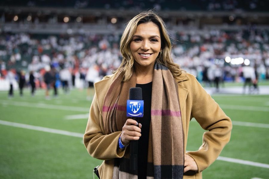 Mayra Gomez works the sideline for Thursday Night Football during the Bengals/Jets game in Week 4. She got to interview Bengals running back Joe Mixon after the game. She said the best parts of her job is bringing Latinos first hand information and getting to know the players off the field, building relationships with fans, and all who are part of the NFL.