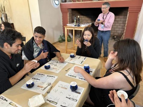 At the Basilippo olive oil plant outside of Sevilla, Spain, the owner takes Dream Academy students Nicolas Padilla, Charlie Cerda-Lopez, April Verduzco, and Jatziry Barrera through a tasting of various olive oils.
