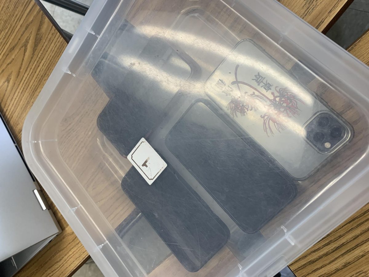 In Mr. Battaglinis classes, students put their phones in a box at the beginning of class. Phones are designed to be addictive and distracting, Battaglini said. By putting them in the boxes, students can focus on their work. 