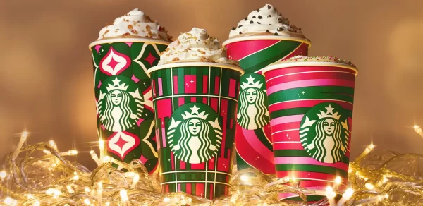 Starbucks Holiday Drinks: Caramel Brulee Latte, Chestnut Praline Latte, Peppermint Mocha, and Sugar Cookie Almond Milk Latte.