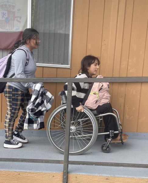 Having almost completed her day in the wheelchair project, junior Yareli Gaspar (followed by Heidy Carrillo) rolls into Fabian Villanveva’s 6th period Spanish class. “At first it was pretty easy, well not really easy, but I had people helping me so it wasn’t that hard,” Gaspar said. 


