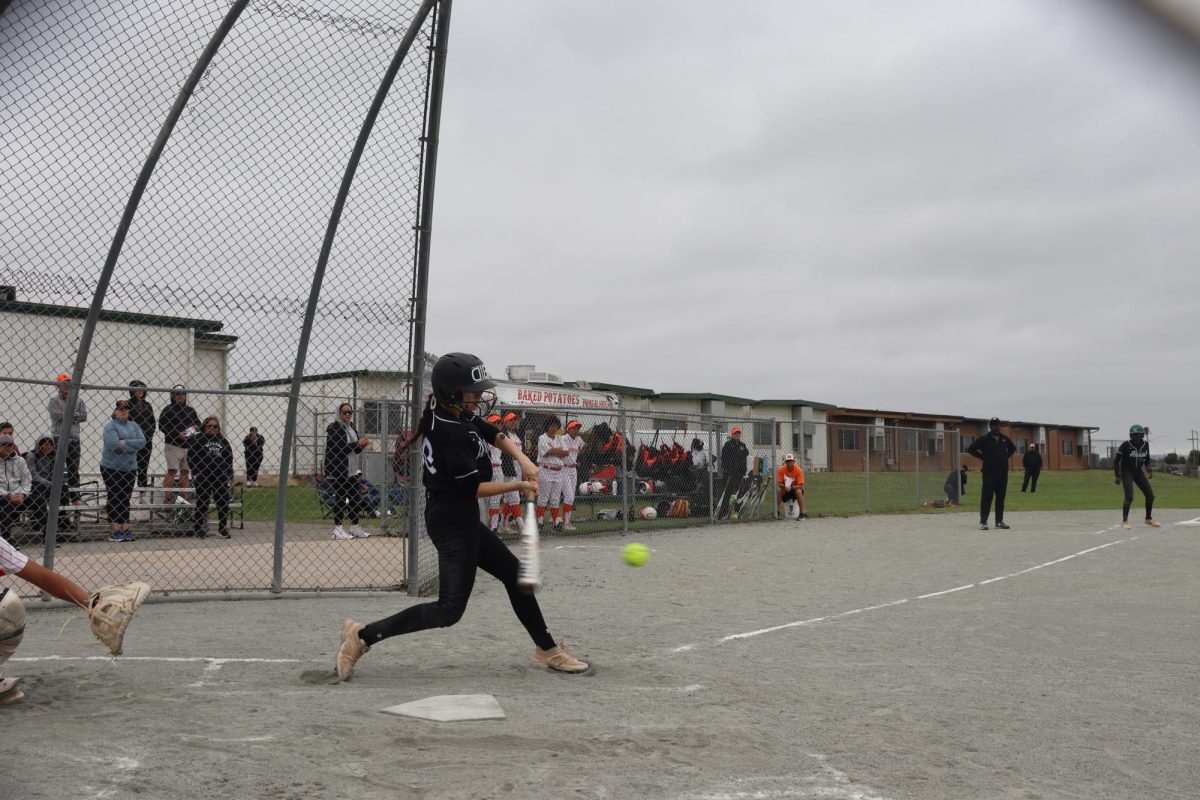 In the playoff game against San Mateo, senior Samantha Ortiz gets a hit and drives in a run in the 4-10 loss. “Personally, I didn’t play to my full potential and I think our team was holding back from our potential as well,” she said. 
