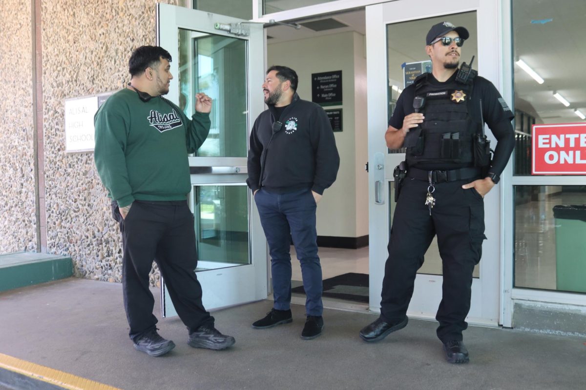 On May 15 after lunch, Assistant Principals Juan Ledesma and Pedro Edeza, along with Officer Angel Gonzalez, discuss some young adults who tried to come on campus during lunch. Ledesma said they came up with a safety plan in case it happened again.
