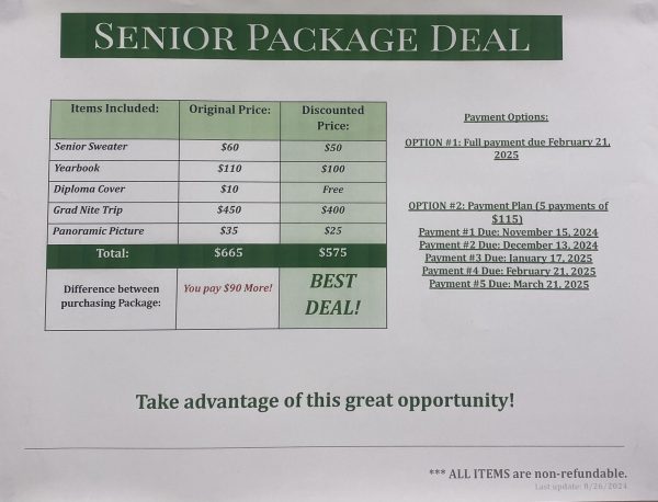 The senior package saves $90 on the combined cost of the yearbook, diploma cover, Grad Nite, panoramic picture, and senior sweater.