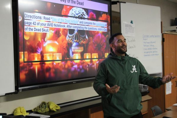 Tapping into his students’ cultural roots, Alejandro Santana instructs his AVID 9 class on a special Day of the Dead assignment. As a new teacher, Santana likes teaching here and likes the challenge of a new course. “It’s my first year of AVID, so I see myself in AVID for the next upcoming years,” Santana said.