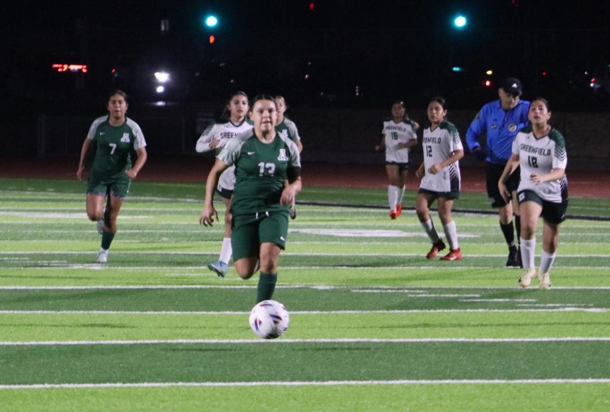 Junior Stephanie Zarate, running towards goal on a 1 on 1 against the goalkeeper in the Alisal v. Greenfield game. The game ended 2-0 with goals from Zarate and freshman, Giselle Solis.