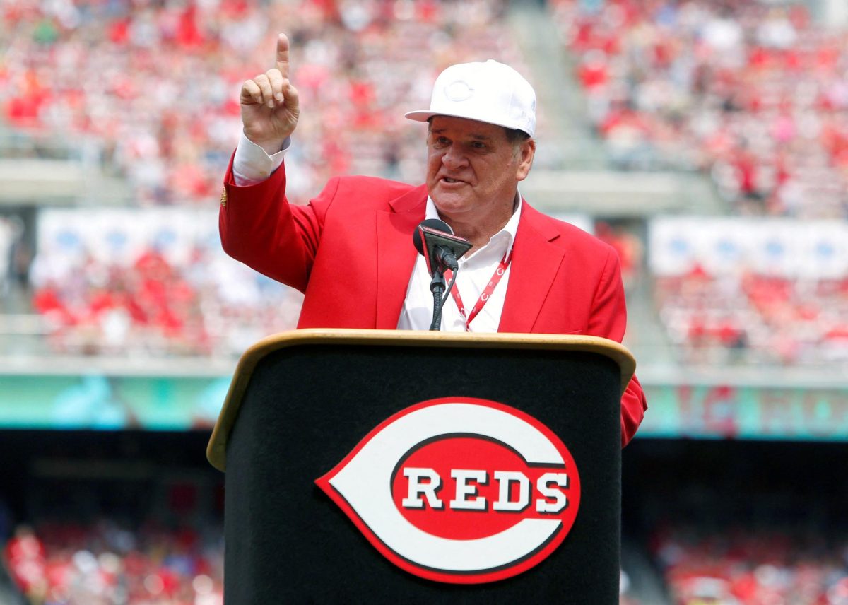 Jun 17, 2017; Cincinnati, OH, USA;  Cincinnati Reds former player Pete Rose speaks during a pregame ceremony of the unveiling of his bronze statue at Great American Ball Park. Rose was banned from baseball for betting on games, but now baseball, basketball, and football are partners with betting apps and sports programming often promotes the betting line. Mandatory Credit: David Kohl-USA TODAY Sports