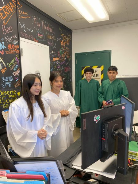 On Wednesday, May 21, Alyssa Annis Kalyssa Curiel, Max Magana, and Carlos Alfaro deliver the morning announcements. The video morning announcements are shot in the ASB office, while the audio are done in the main office.
