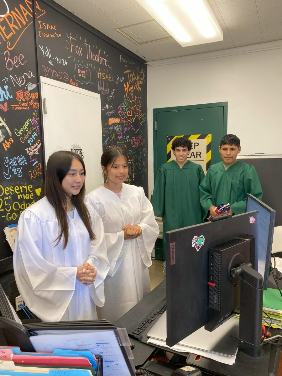 On Wednesday, May 21, Alyssa Annis Kalyssa Curiel, Max Magana, and Carlos Alfaro deliver the morning announcements. The video morning announcements are shot in the ASB office, while the audio are done in the main office.