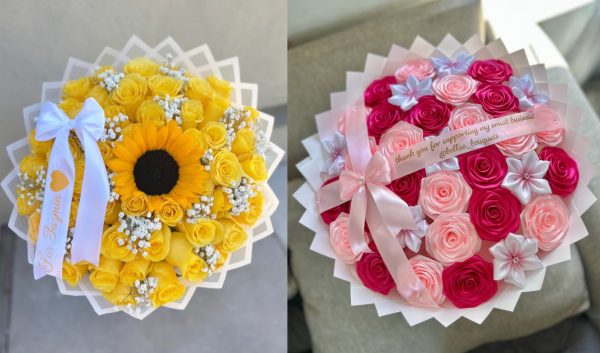 These are examples of my work - a fresh flower bouquet and an eternal bouquet. When I first started my floral business, I spent days handcrafting ribbon rose bouquets; each one made with patience and precision. Six months later, I began to slowly experiment with natural roses and instantly fell in love with the process. Working with real blooms felt more alive and effortless, taking just hours rather than days. Now, creating natural rose bouquets isn’t just my work; it's where my creativity feels most at home.