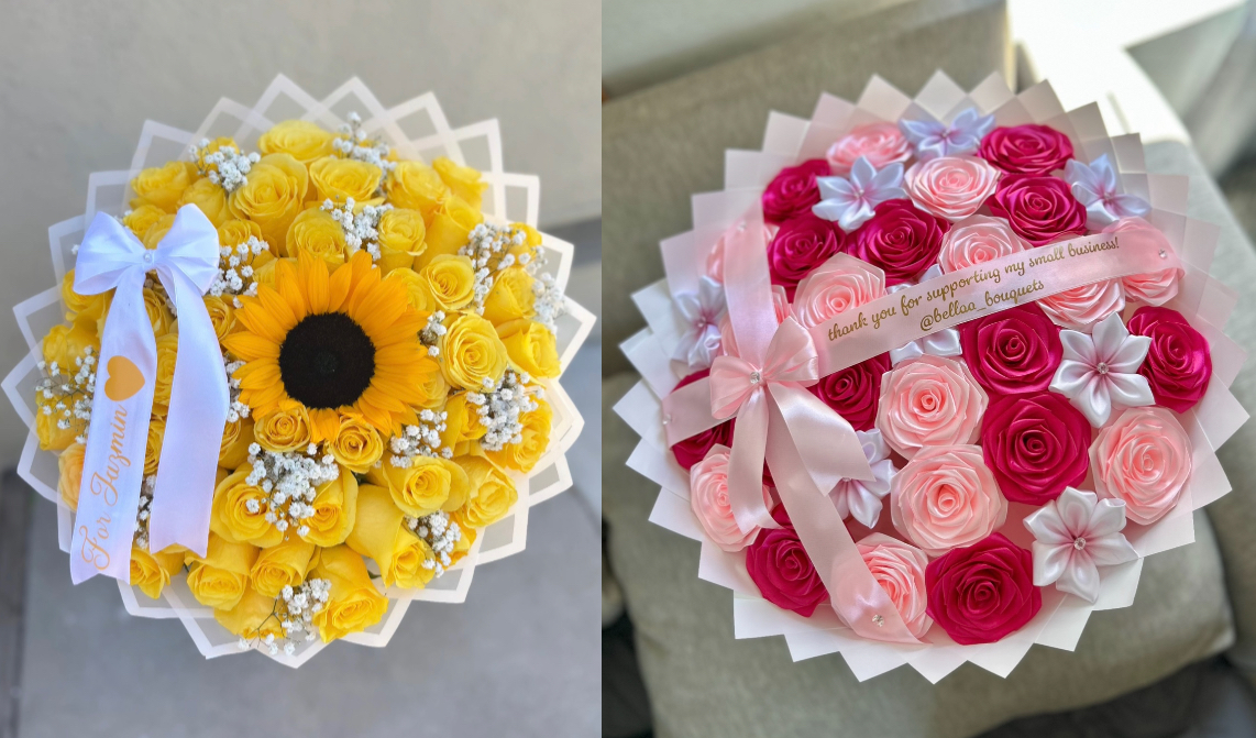 These are examples of my work - a fresh flower bouquet and an eternal bouquet. When I first started my floral business, I spent days handcrafting ribbon rose bouquets; each one made with patience and precision. Six months later, I began to slowly experiment with natural roses and instantly fell in love with the process. Working with real blooms felt more alive and effortless, taking just hours rather than days. Now, creating natural rose bouquets isn’t just my work; it's where my creativity feels most at home.