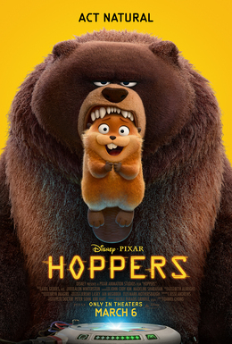 Hoppers is an animated science-fiction comedy adventure film produced by Pixar Animation Studios and distributed by Walt Disney Pictures. (https://thewaltdisneycompany.com/app/uploads/2025/11/HPR_Payoff_Life_1s_v5.0_Mech5.jpg)