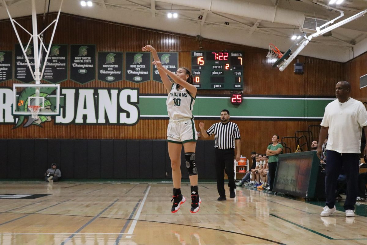 Yarit Rordiguez makes a jump shot against Milpitas in the preseason, before her big ankle injury. After so many injuries and sitting out on games, Rodriguez continued to remain positive and kept moving forward. “My family helped me to understand and believe that everything happens for a reason and to not give up,” she said. 