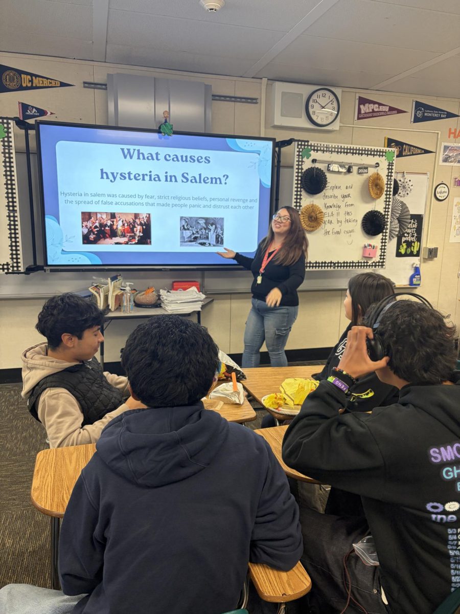 English teacher Kaitlin Hardeman going over The Crucible for her students' final. “I’ll truly miss my students and the community we have built,” she said.